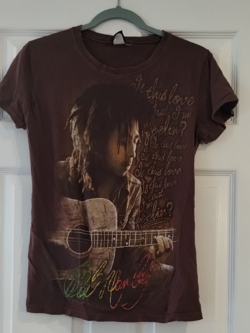 Zion Rootswear Brown Bob Marley Guitar Graphic Tee with Rasta Accent. (103)